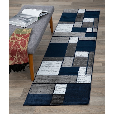 World Rug Gallery Contemporary Modern Boxes Design Soft Runner Rug 2' x 7'2'' Navy 106NAVY2X7